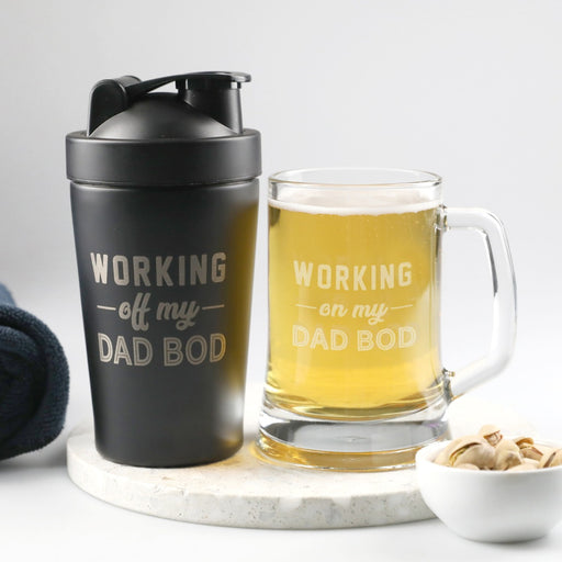 Personalised Engraved Father's Day 'Working on my Dad Bod' Protein Shaker and Beer Mug Set
