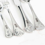 Custom Artwork Engraved Name Stainless Steel Dinosaurs Baby Cutlery 4 Piece Set Dishwasher Safe
