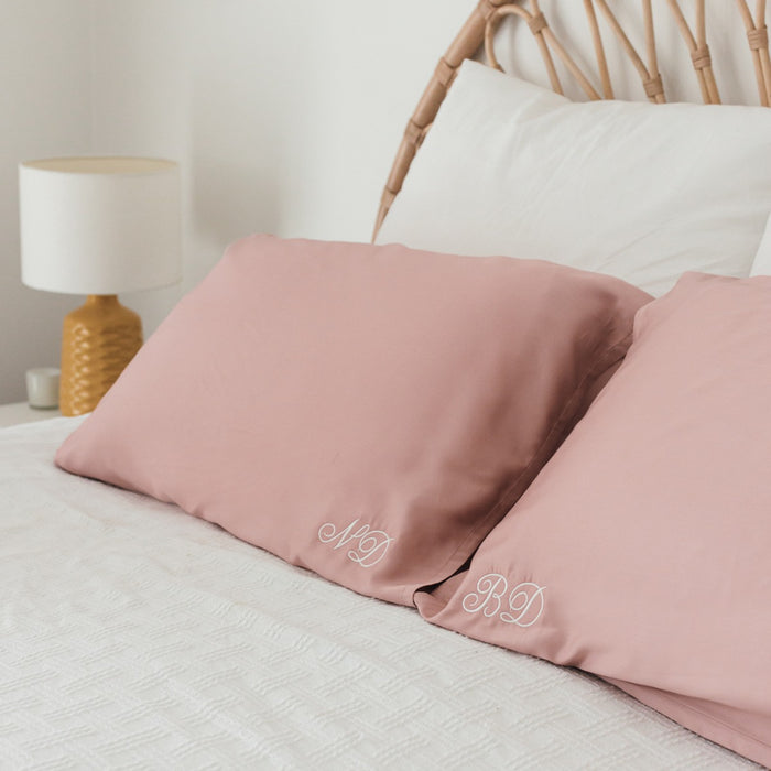 Embroidered Rose Pink Bamboo Satin Pillowcase Twin Set