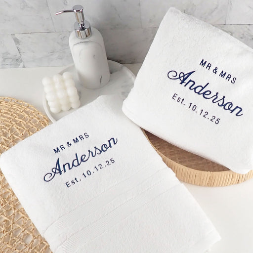 Customised Embroidered Surname Wedding White Bath Towel Set Mr & Mrs
