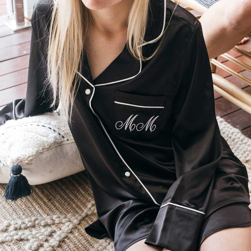 Customised Embroidered Initials Black Satin Long Sleeve Night Shirt Christmas