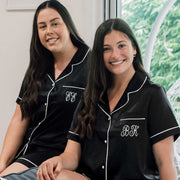 Custom Embroidered Monogrammed  Black Satin Short Sleeve Pyjama Set Christmas Gift