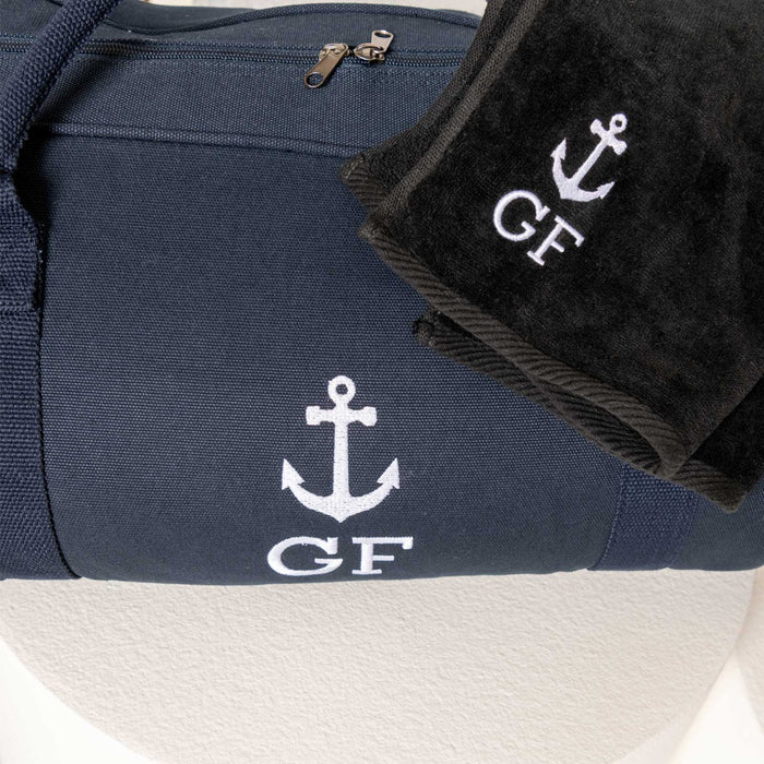 Custom Artwork Embroidered Duffle Bag and Fishing Towel Anchor Design