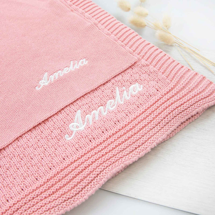 Personalised Embroidered Knitted Name Pink Baby Blanket with Deer Comforter Baby Shower Gift
