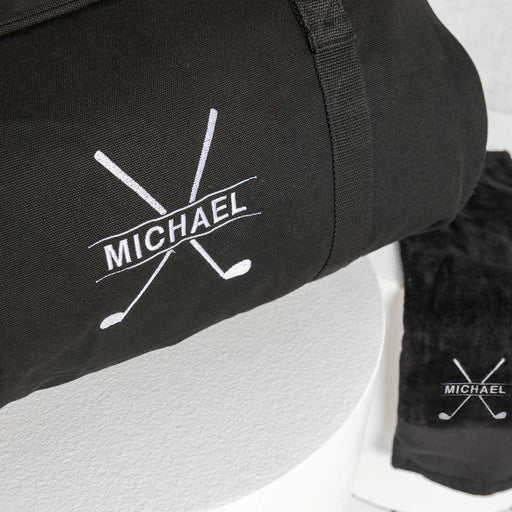 Customised Embroidered Name Black Duffle Bag & Matching Golf Towel