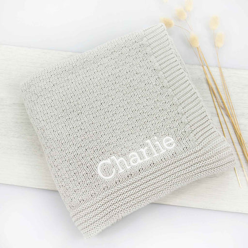 Embroidered 100% Cotton Knitted Grey Baby Blanket