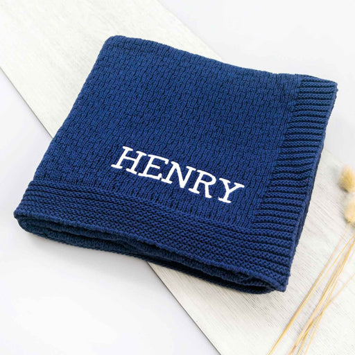 Embroidered 100% Cotton Knitted Navy Baby Blanket