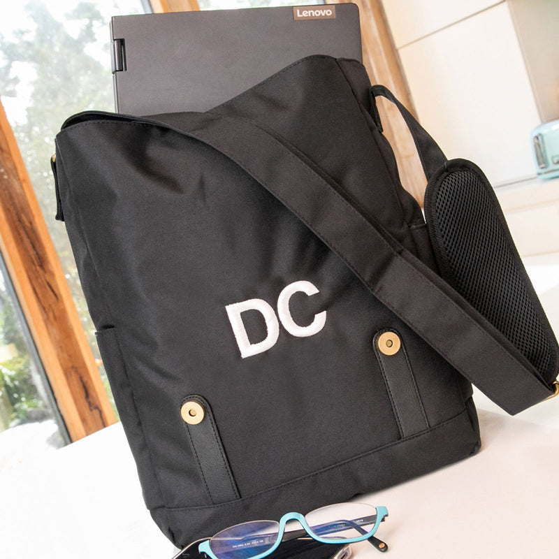 Custom Artwork Embroidered Initials Black 15” Laptop Crossbody Messenger Bag