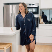 Embroidered Satin Long Sleeve Boyfriend Shirt – Navy