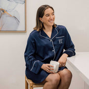 Customised Embroidered Monogrammed Navy Satin Long Sleeve Boyfriend Shirt Birthday Gift