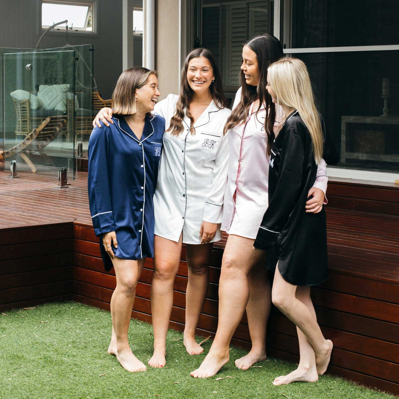 Custom Embroidered Initials Navy Satin Long Sleeve Boyfriend Shirt Mother's Day Present