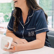 Custom Embroidered Monogrammed Navy Satin Short Sleeve Pyjama Set Christmas Gift