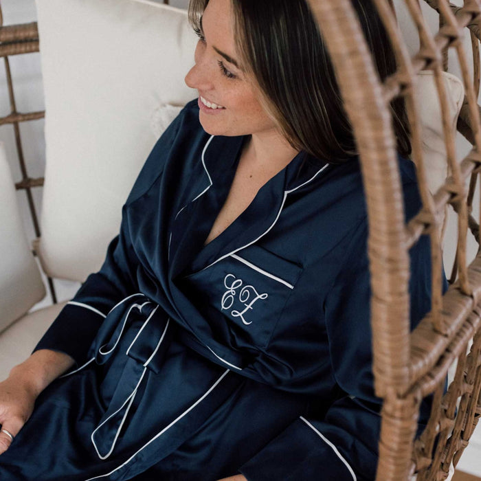 Embroidered Navy Satin Long Sleeve Robe | Personalised Favours ...