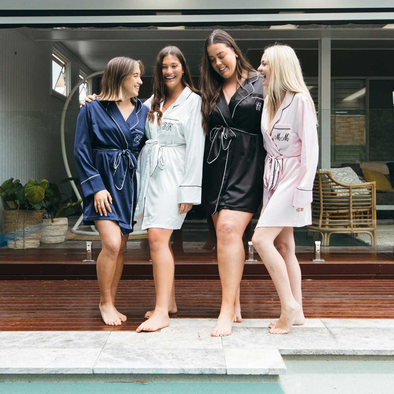 Customised Embroidered Monogrammed Black, Navy, White Pink Satin Long Sleeve Robe Christmas Present