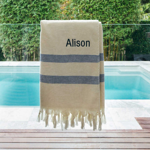 Personalised Embroidered Lightweight Cotton Turkish Towel with Tassels - Ivory