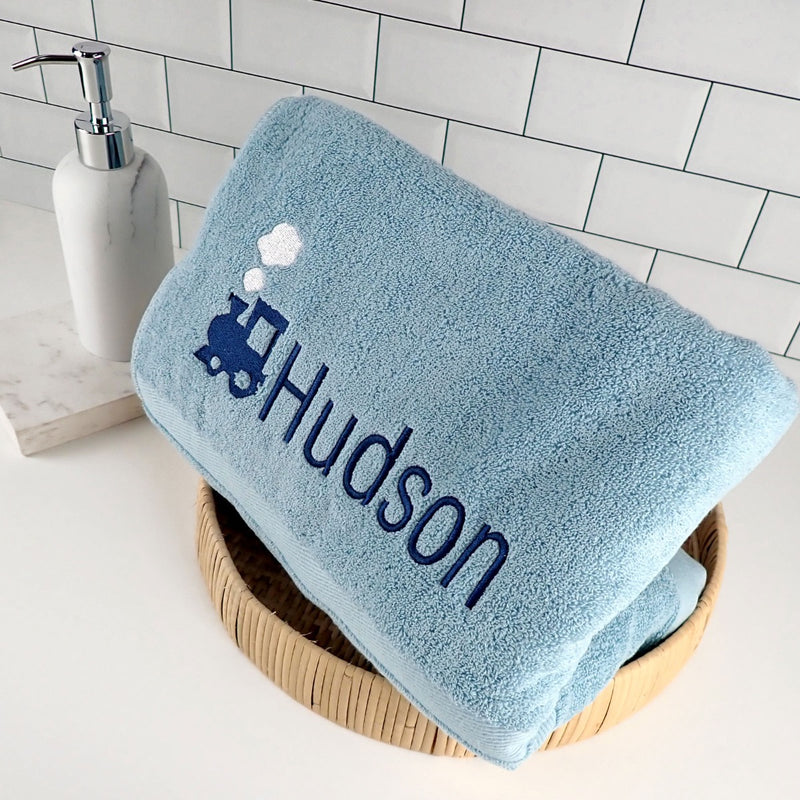 Customised Embroidered Name Train Blue Boy Bath Towel