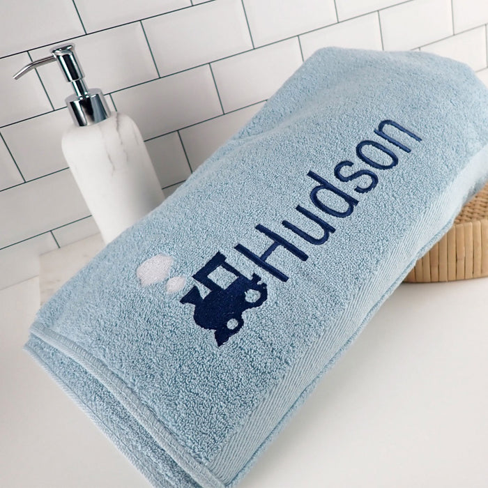 Custom Embroidered Blue Name Steam Train Boys Bath Towel