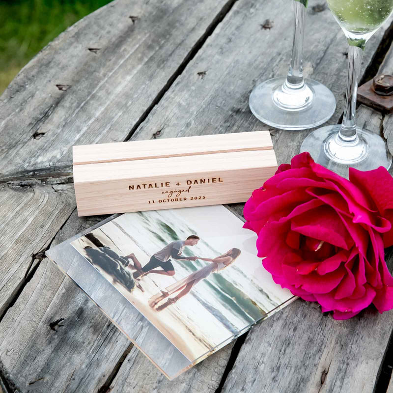 Engagement Acrylic Wedding Photo Print with Engraved Wooden Base