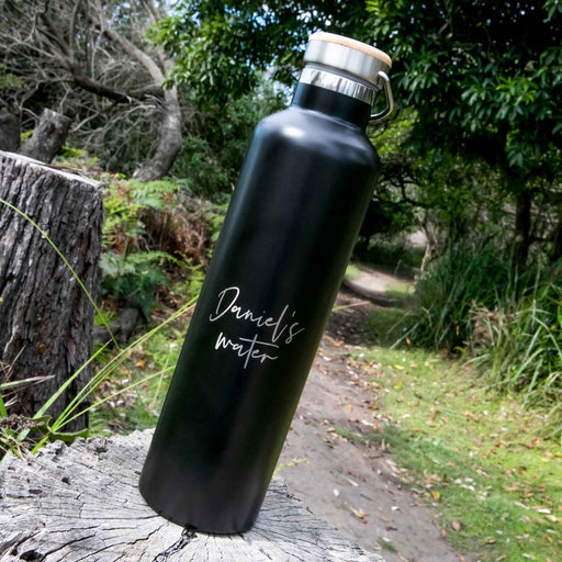 Customised Engraved 1L Black Metal Sports Drink Water Bottle with Wooden Lid Gift