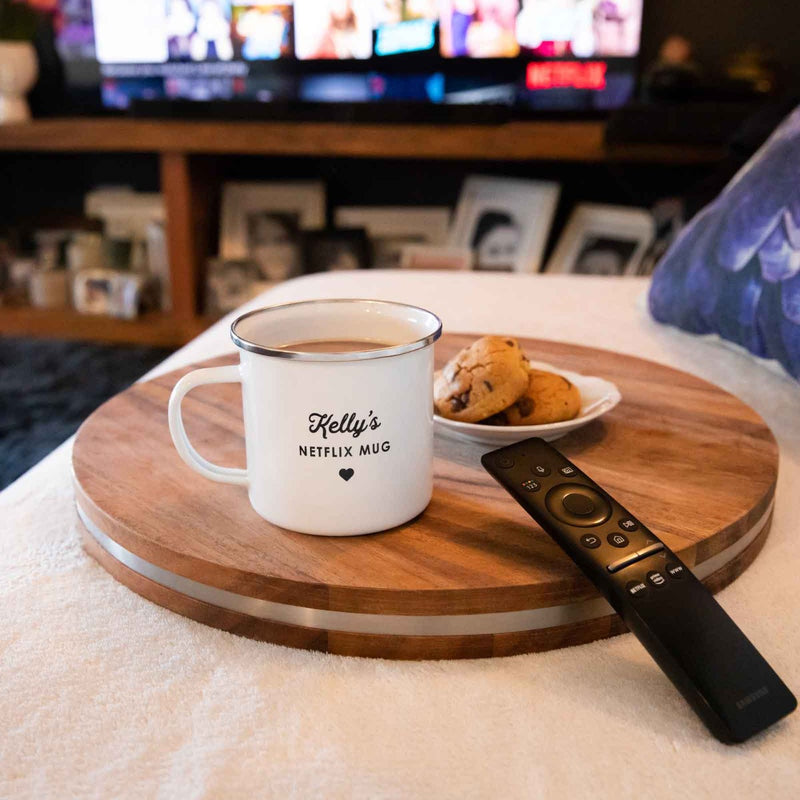 Custom Artwork Engraved Name 500ml White Enamel Netflix Movie Mug Birthday Present