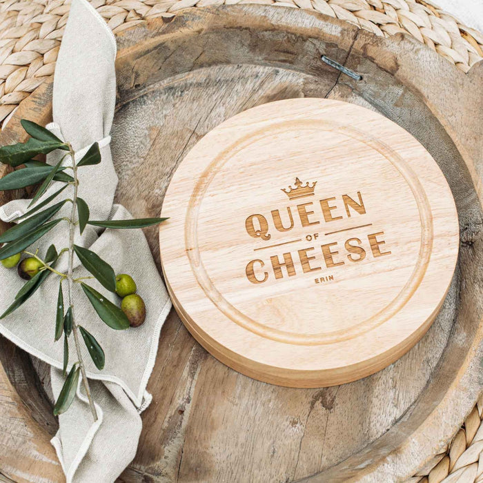 Personalised Engraved "Queen of Cheese" Round Chopping Board and Cheese Knife Set Birthday Present