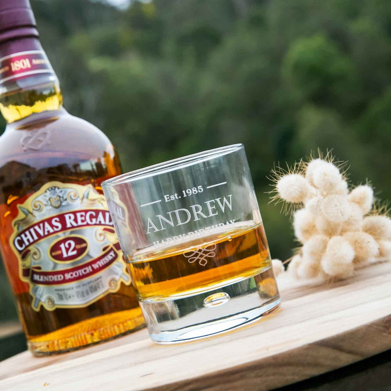 Custom Artwork Engraved Name Initials Birthday Milestone Round Scotch Glass Present