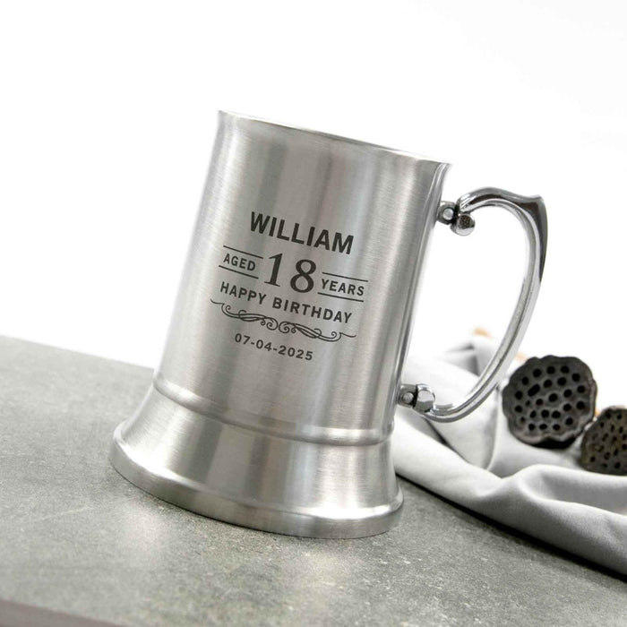 Custom Artwork Engraved 18th Birthday Silver Metal Beer Mug Present for Men