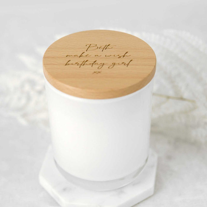 Custom Designed Engraved White Glass Wood Wick Soy Candle with Wooden Lid Birthday Gift