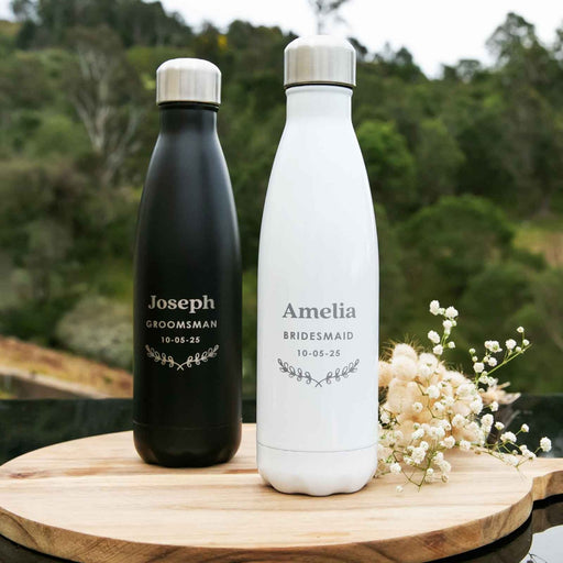 Engraved personalised 500ml white and black bridal party water bottles