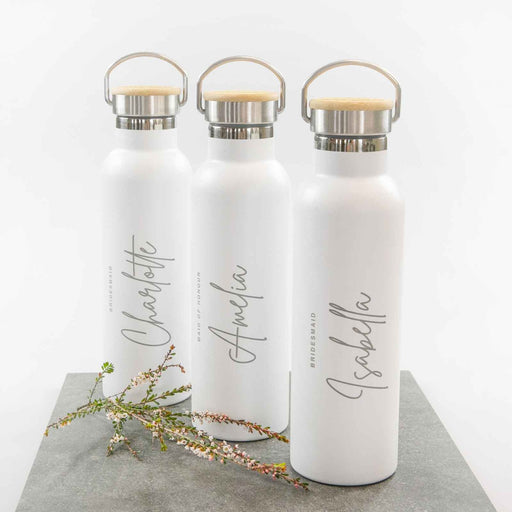 Personalised Engraved Bridal Party White, Black & Tiffany Blue Metal Water Bottles With Wooden Lids Gift