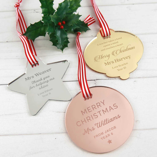 Personalised Laser Cut & Engraved Acrylic Christmas Teacher's Silver Star, Rose Gold Circle and Gold Bell XMAS Decoration Present