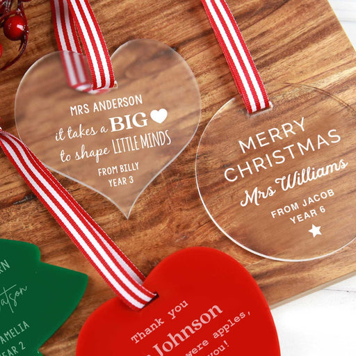 Personalised Laser Cut & Engraved Acrylic Christmas Teacher's XMAS tree, Heart, Circle and Apple Decoration Present