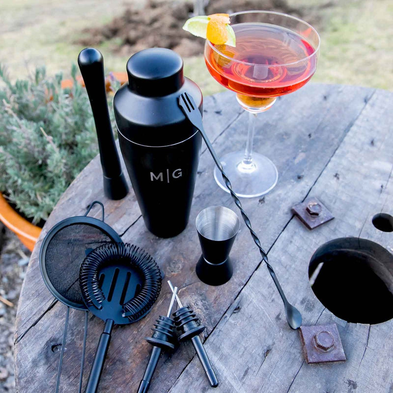 Custom Engraved Monogrammed Black Cocktail Shaker Gift Set Birthday Present