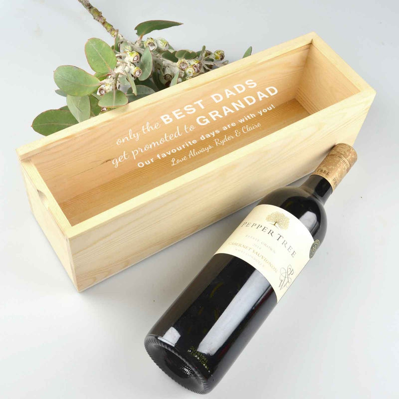 Father's Day Raw Natural Wine and Champagne Box with Custom Designed Engraved Acrylic Lid Present