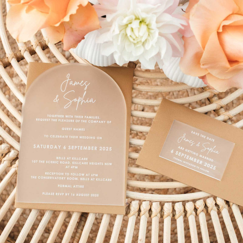 Custom Artwork Engraved Frosted Acrylic Rectangle Wedding Save the Date