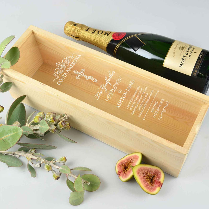 Custom Designed Engraved Godparent wooden wine or champagne box with clear acrylic lid