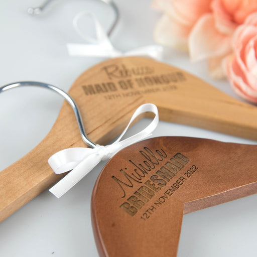 Custom designed laser engraved wooden wedding dress hanger