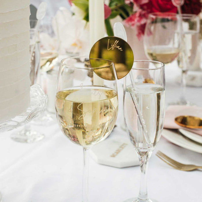 Engraved Round Mirror Gold Wedding Place Cards for Glassware