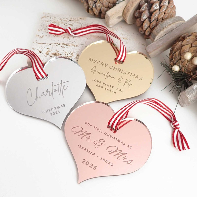 Engraved Mirror Acrylic Heart Christmas Tree Decoration