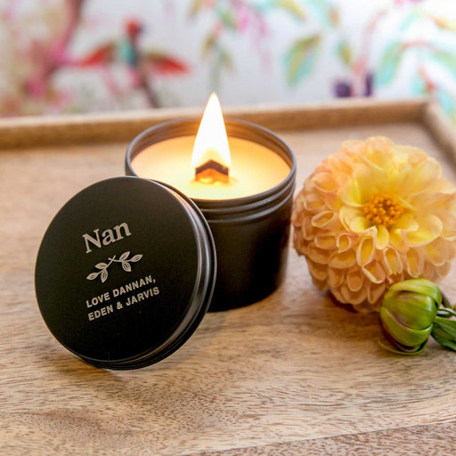 Personalised Engraved Mother's Day Wood Wick Soy Candle Black Tin Present