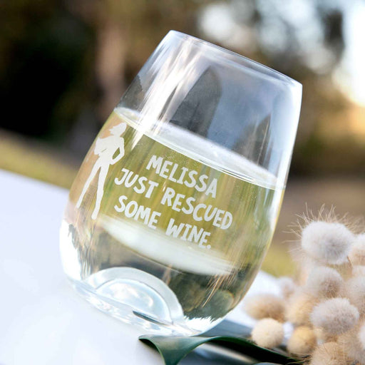 Customised Engraved Name Super Hero Female "Just Rescued Some Wine" 460ml Stemless Wine Glass Birthday