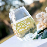 Custom Artwork Engraved Name Super Hero Female "Just Rescued Some Wine" 460ml Stemless Wine Glass Christmas