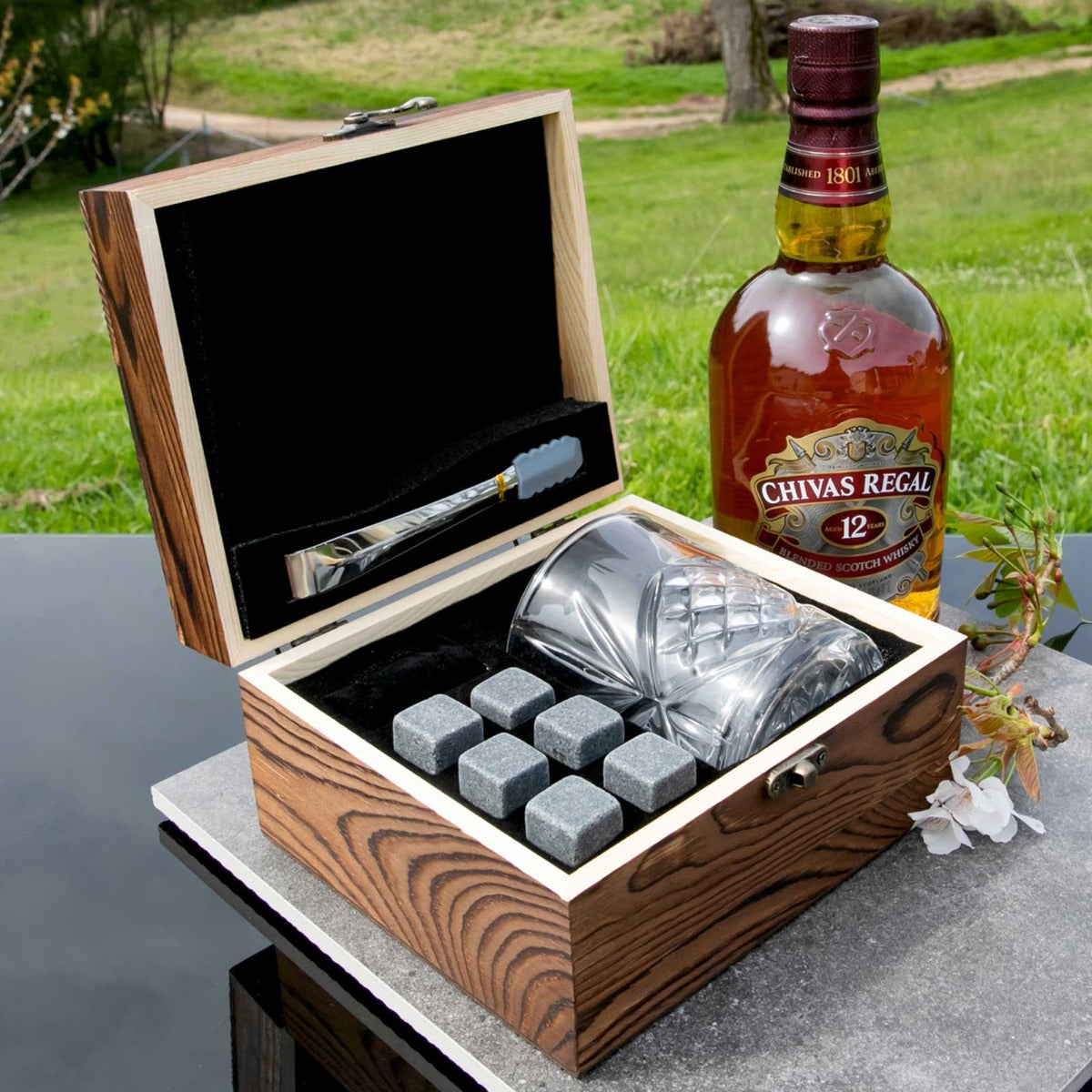 Godfather Engraved Rustic Wooden Box Scotch Glass And Whiskey Stone