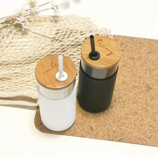 Customised Engraved White and Black wooden Smoothie Bottle with Straw