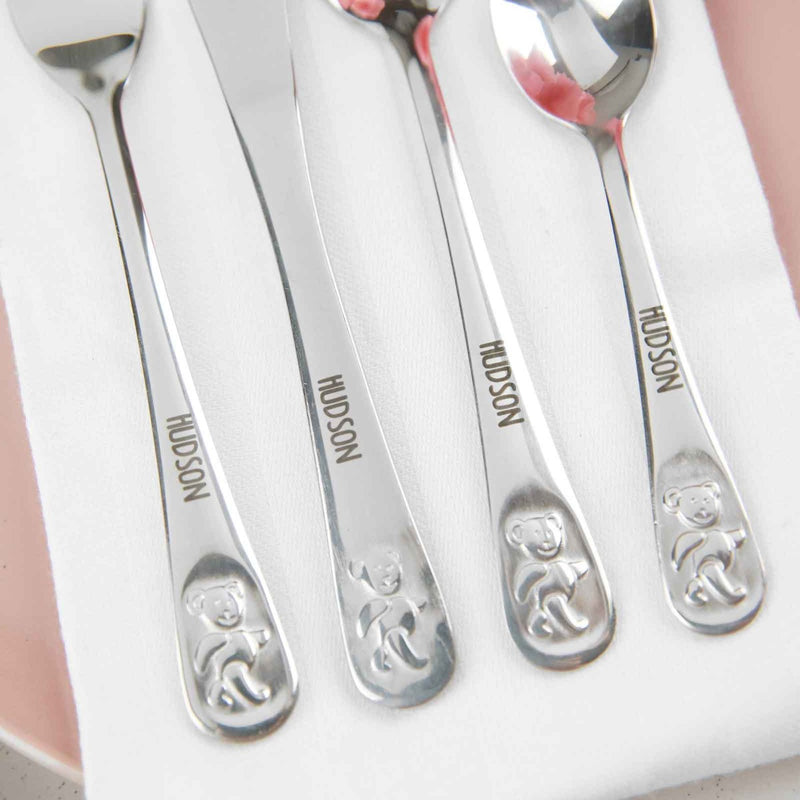 Customised Designed With Child's Name Engraved Baby First Silver Fork, Knife, Spoon Bear Set Gift