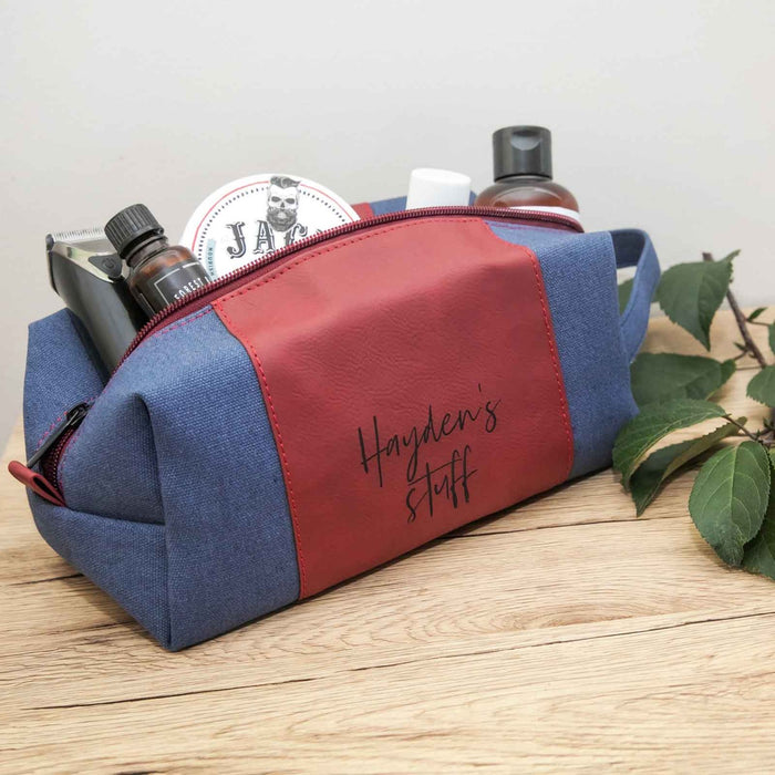 Personalised Engraved Red Blue Leatherette Toiletry Bag