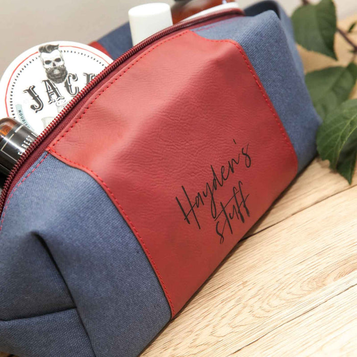 Customised Engraved Red Blue Leatherette Toiletry Travel Case