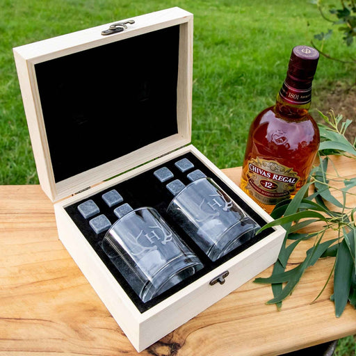 Personalised Engraved Wooden Box With Round Scotch Glasses & Whiskey Stone Set