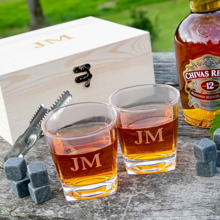 Personalised Engraved Wooden Gift Boxed Square Scotch Glass Twin Set with Whiskey Stones