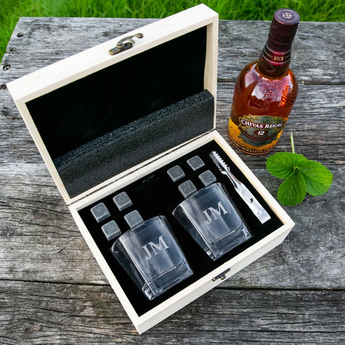 Custom Designed Engraved Initials Wooden Gift Boxed Square Scotch Glass Twin Set with Whiskey Stones